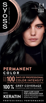 Syoss Permanent Color 1_1 Black farba, 100% pokrycia siwych włosów, z keratyną, widok z przodu.