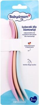 Babydream, zestaw 3 długich łyżeczek dla niemowląt w pastelowych kolorach: róż, brzoskwinia, błękit, w opakowaniu.
