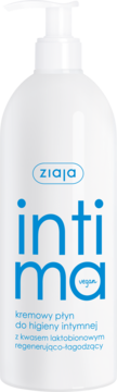 Ziaja Intima, kremowy płyn do higieny intymnej z kwasem laktobionowym. Biała butelka z pompką, przód.