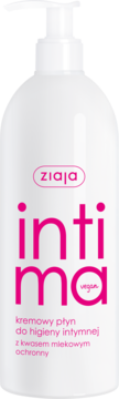 Ziaja Intima kremowy płyn do higieny intymnej w białej butelce z pompką, z różowym logo i napisem, widok z przodu.