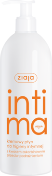 Biały płyn Ziaja Intima z kwasem askorbinowym przeciw podrażnieniom, butelka z pompką, widok z przodu.