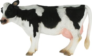 Zabawka figurka krowy rasy holsztyńskiej, czarno-biała w plamy, stojąca bokiem. Widoczne wymiona.