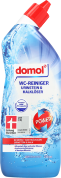 domol WC-REINIGER Urinstein & Kalklöser, niebieski płyn do WC, butelka z czerwoną nakrętką, widok z przodu.