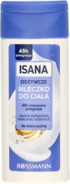 Isana Mleczko do Ciała 48h dla skóry suchej, biała butelka z niebieską etykietą, shea i wit. E, widok z przodu.
