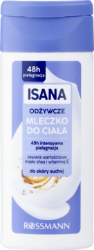 Isana Mleczko do Ciała dla skóry suchej, biała butelka z niebieską nakrętką, widok z przodu.