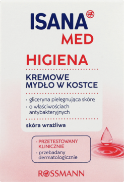 ISANA MED Higiena kremowe mydło w kostce w białym opakowaniu. Antybakteryjne z gliceryną dla skóry wrażliwej. Widok z przodu.