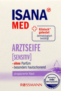 Mydło Isana Med Sensitiv, białe opakowanie z fioletowym tłem i czerwonym logo, widok z przodu, bez mikroplastiku.
