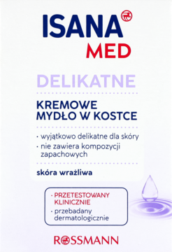 Opakowanie mydła w kostce Isana Med Delikatne do skóry wrażliwej, białe z czerwonym logo, widok z przodu.