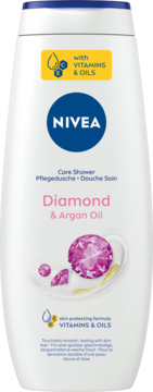 Biały żel pod prysznic NIVEA Diamond & Argan Oil, butelka, widok z przodu, z różowymi diamentami i olejkiem arganowym.