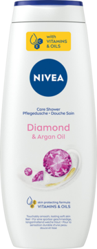 Biały żel pod prysznic NIVEA Diamond & Argan Oil, butelka, widok z przodu, z różowymi diamentami i olejkiem arganowym.