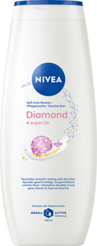 Nivea Diamond & Argan Oil żel pod prysznic w białej butelce z różowym diamentem i olejkiem, przód.