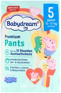 Pieluchomajtki Babydream Premium Pants Junior 5 (12-17kg) Peppa Pig. Ochrona 12h, 0% perfum, 26 szt.