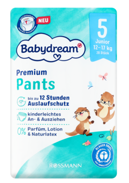 Biało-niebieskie opakowanie Babydream Premium Pants 5 Junior 12-17 kg z wydrami. 12h ochrony, bez perfum, widok przód.