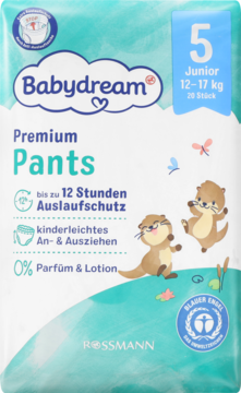 Opakowanie pieluchomajtek Babydream Premium Pants Junior 5 (12-17 kg), 20 sztuk, 0% perfum, do 12h ochrony, z wydrami.