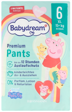 Babydream Premium Pants pieluchomajtki 6 XL (15+ kg) Peppa Pig, 18 sztuk, 0% perfum, do 12h ochrony, widok przód opakowania.