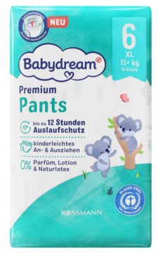 Pieluchomajtki Babydream Premium Pants 6 XL (15+ kg), 10 sztuk, na turkusowym opakowaniu z koalami, widok z przodu.