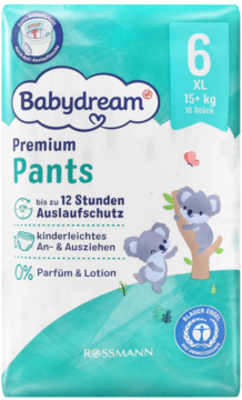 Babydream pieluchomajtki XL 6 (15+ kg), 18 sztuk. Opakowanie turkusowe z koalami, 0% perfum.