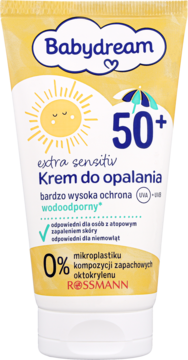 Żółta tuba kremu do opalania Babydream 50+ wodoodporny, extra sensitiv dla niemowląt, widok z przodu.