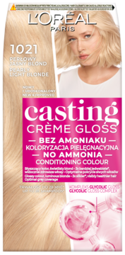 L'Oréal Casting Crème Gloss 1021 Pearly Light Blonde, koloryzacja bez amoniaku, Glycolic Gloss Complex, widok z przodu.