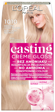 L'Oréal Casting Crème Gloss 1010 Iced Light Blonde, farba bez amoniaku, opakowanie z blondynką, z przodu.