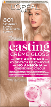L'Oréal Casting Crème Gloss 801 Satynowy Blond, farba bez amoniaku, opakowanie z blond modelką, widok z przodu.