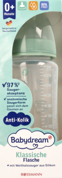 Babydream Klasyczna Butelka Anti-Kolik 0+ Miesięcy, przezroczysta 300ml z zielonym smoczkiem w opakowaniu.