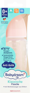 Opakowanie butelki Babydream Klassische Flasche, różowy smoczek szerokoszyjkowy silikonowy, 0+ mies., Anti-Kolik.