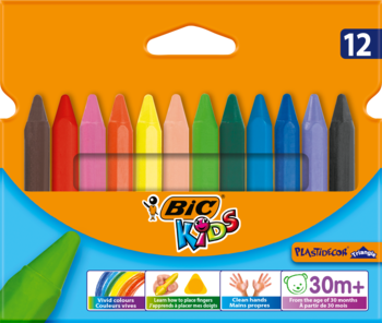 12 trójkątnych kredek świecowych BIC Kids w pomarańczowo-niebieskim pudełku, widok z przodu, żywe kolory.