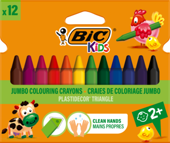 BIC Kids 12 jumbo trójkątne kredki świecowe w pomarańczowym pudełku, z motywem zwierzęcym.