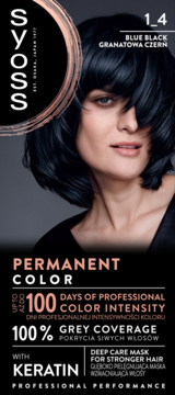 Farba do włosów Syoss 1_4 Granatowa Czerń, trwała koloryzacja, 100% krycia siwych, z modelką.
