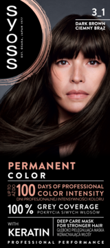 Syoss 3_1 Ciemny Brąz farba do włosów, widok z przodu. Kobieta z intensywnie brązowymi włosami, podkreślono 100% krycia siwizny.