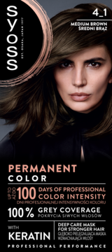 Opakowanie Syoss Permanent Color 4_1 Średni Brąz. Farba do włosów z modelką o brązowych włosach i claimem 100% pokrycia siwych.