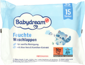 Biało-niebieskie chusteczki nawilżane Babydream z aloesem i rumiankiem, 15 szt., z szopem. Widok z przodu.
