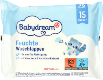 Biało-niebieskie chusteczki nawilżane Babydream z aloesem i rumiankiem, 15 szt., z szopem. Widok z przodu.