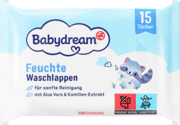 Biała paczka chusteczek nawilżanych Babydream dla niemowląt, 15 sztuk, z aloesem i rumiankiem, przód.