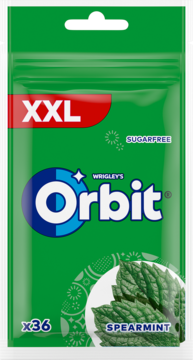 Orbit XXL sugar-free spearmint gum, zielone opakowanie 36 sztuk, widok z przodu.