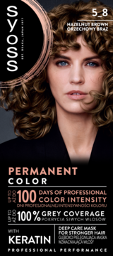 Syoss farba 5_8 Orzechowy Brąz. Kobieta z falowanymi włosami w tym kolorze na opakowaniu, 100% krycia.