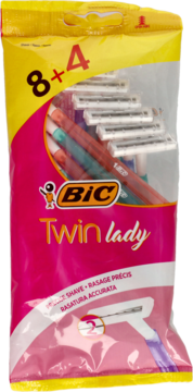 Opakowanie 8+4 maszynek do golenia BIC Twin Lady, damskie, jednorazowe, w przezroczystej torbie, front.
