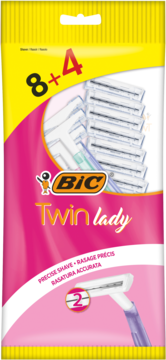 Różowo-żółte opakowanie maszynek BIC Twin Lady 8+4, z białą maszynką i fioletową rączką, widok z przodu.