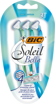 Bic Soleil Bella 3-pack damskich maszynek do golenia, 4 ostrza, niebiesko-zielone opakowanie, widok z przodu.