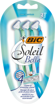 Bic Soleil Bella 3-pack damskich maszynek do golenia, 4 ostrza, niebiesko-zielone opakowanie, widok z przodu.
