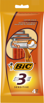 Opakowanie pomarańczowych maszynek BIC 3 Sensitive z aloesem i witaminą E, 4 sztuki, widok z przodu.