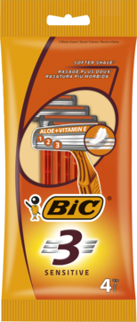 Opakowanie pomarańczowych maszynek BIC 3 Sensitive z aloesem i witaminą E, 4 sztuki, widok z przodu.