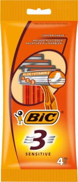 Pomarańczowe opakowanie BIC 3 Sensitive, 4 maszynki dla mężczyzn z 3 ostrzami, aloesem i witaminą E.