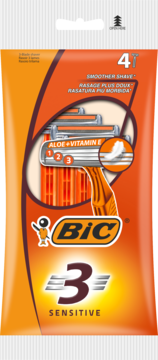 Opakowanie 4 maszynek BIC 3 Sensitive, pomarańczowo-brązowe, z widocznymi ostrzami Aloe+Vitamin E.