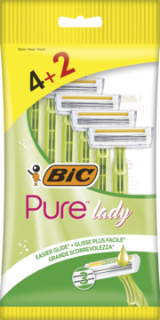 Z przodu: opakowanie żółto-zielonych maszynek BIC Pure Lady 4+2 z 3 ostrzami i aloesowym paskiem.