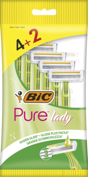 Z przodu: opakowanie żółto-zielonych maszynek BIC Pure Lady 4+2 z 3 ostrzami i aloesowym paskiem.