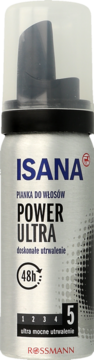 Pianka do włosów ISANA Power Ultra w srebrnej puszce, z czarną nakrętką, mega mocne utrwalenie 48h. Front.