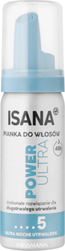 ISANA Pianka do włosów Power Ultra 48h, poziom 5, biała butelka z niebieskim dozownikiem, widok z przodu.
