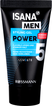 Czarna tubka żelu Isana Men Power 5 Rossmann, mocne elastyczne utrwalenie, widok z przodu, niebieskie detale.